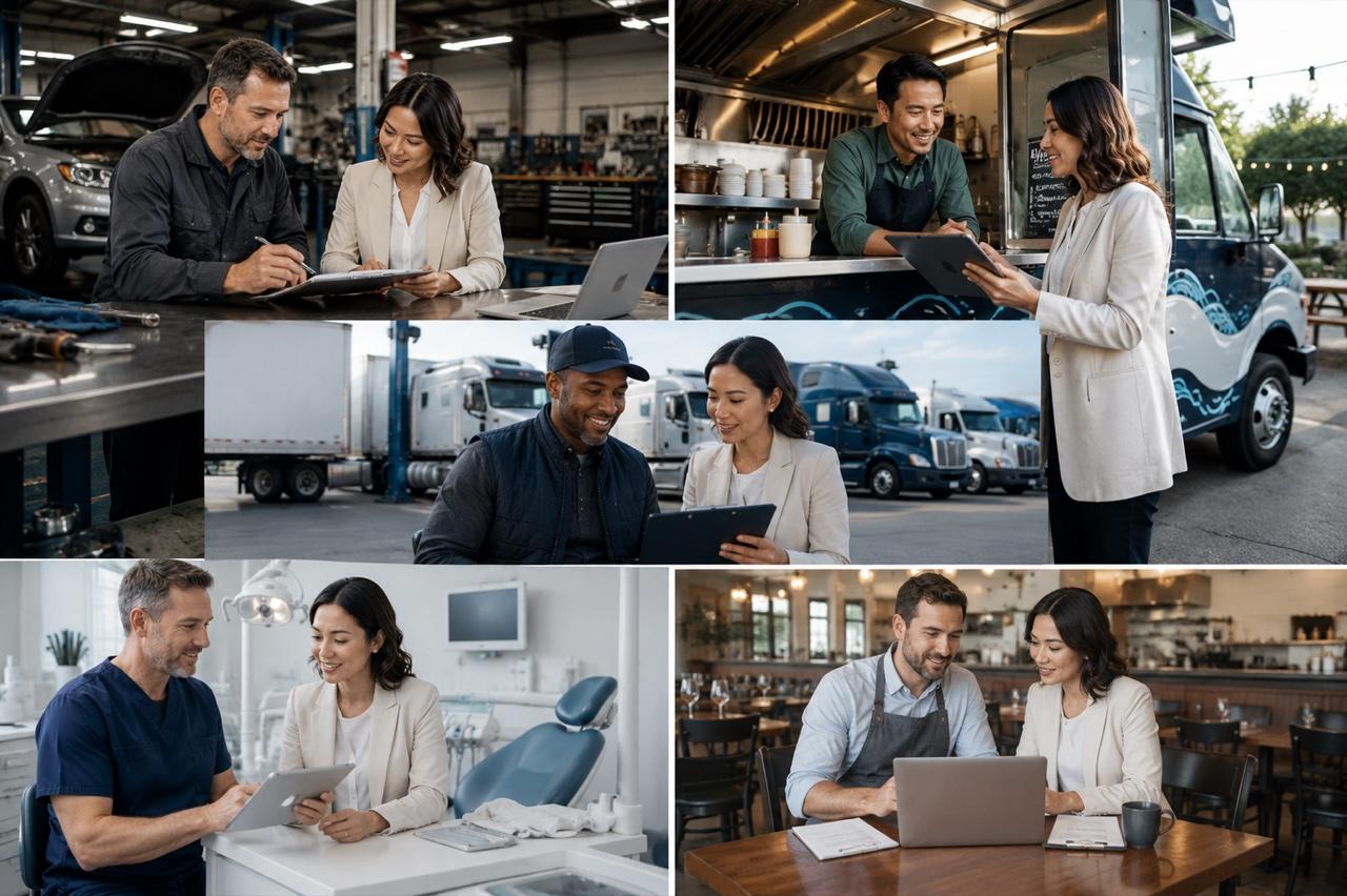 Owners across auto repair, food trucks, trucking, dental, and restaurants reviewing funding with a BetterBizLoans specialist.